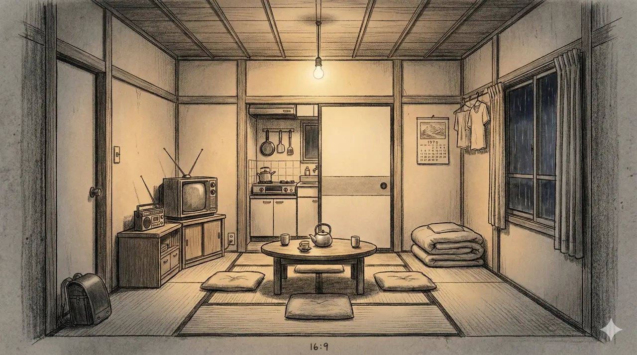 Panel 008: The Furnished Room — an impossible intact room within the ruins, furnished with table, chairs, and personal objects