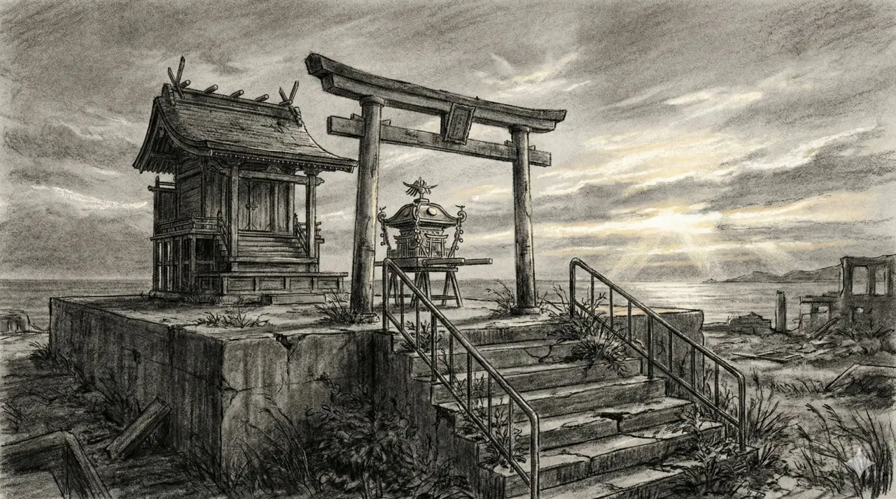 Panel 011: Shrine at Sunset — the small Shinto shrine on Hashima's highest point, silhouetted against a dramatic post-typhoon sunset