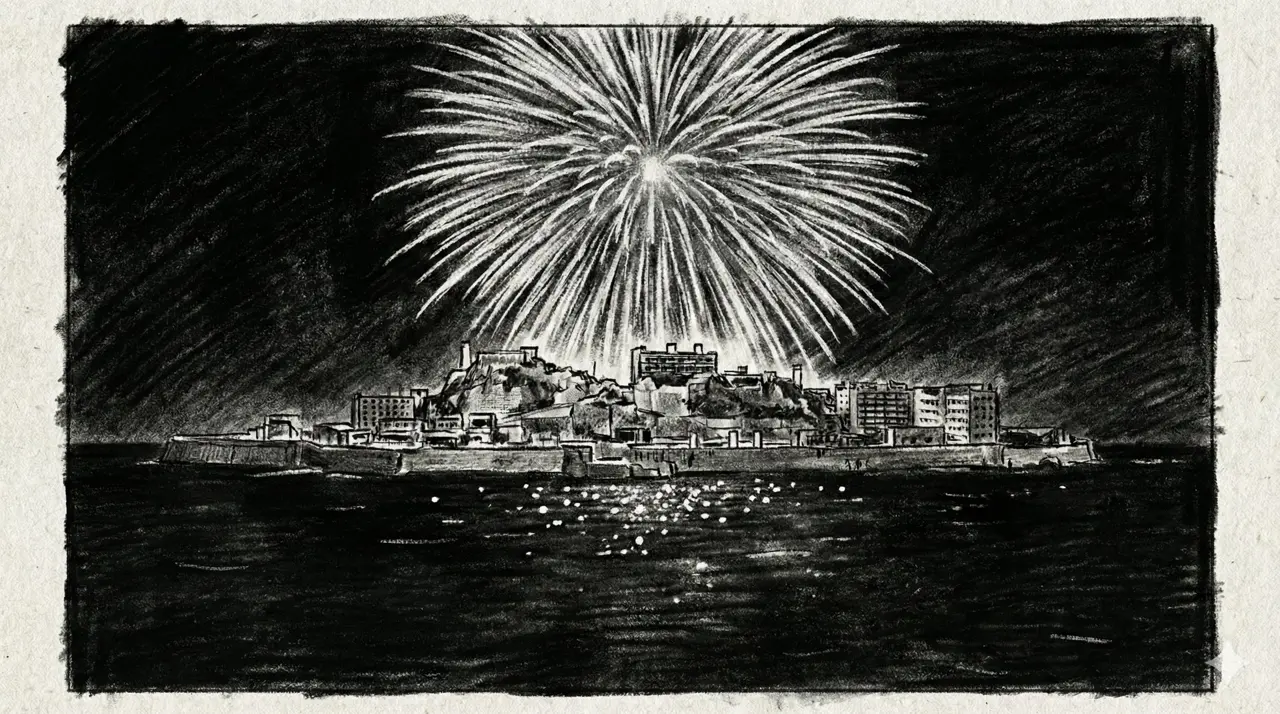 Panel 014: Fireworks — brilliant fireworks exploding in gold, red, and white above the island silhouette at night
