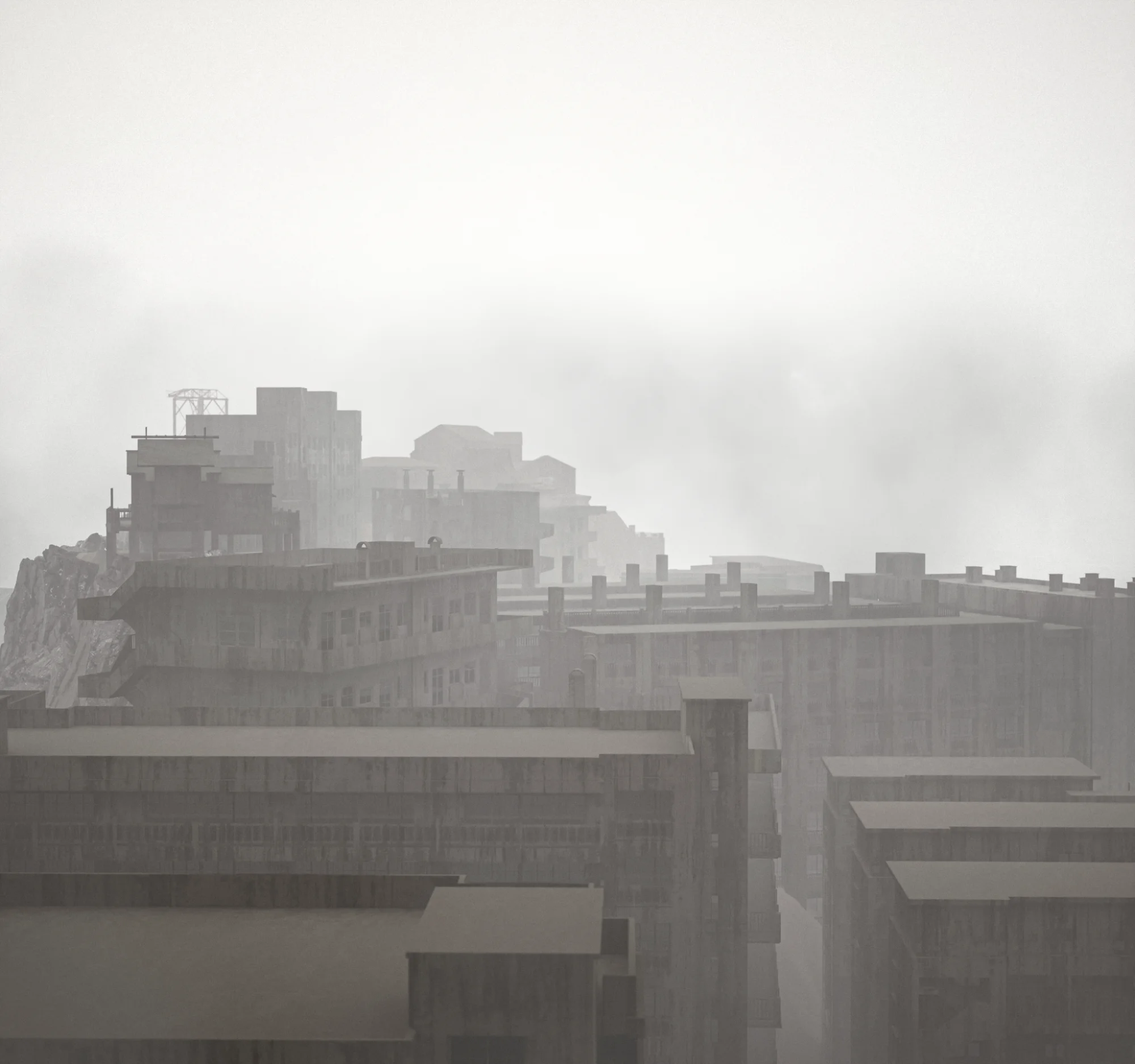 Dense apartment buildings in atmospheric fog