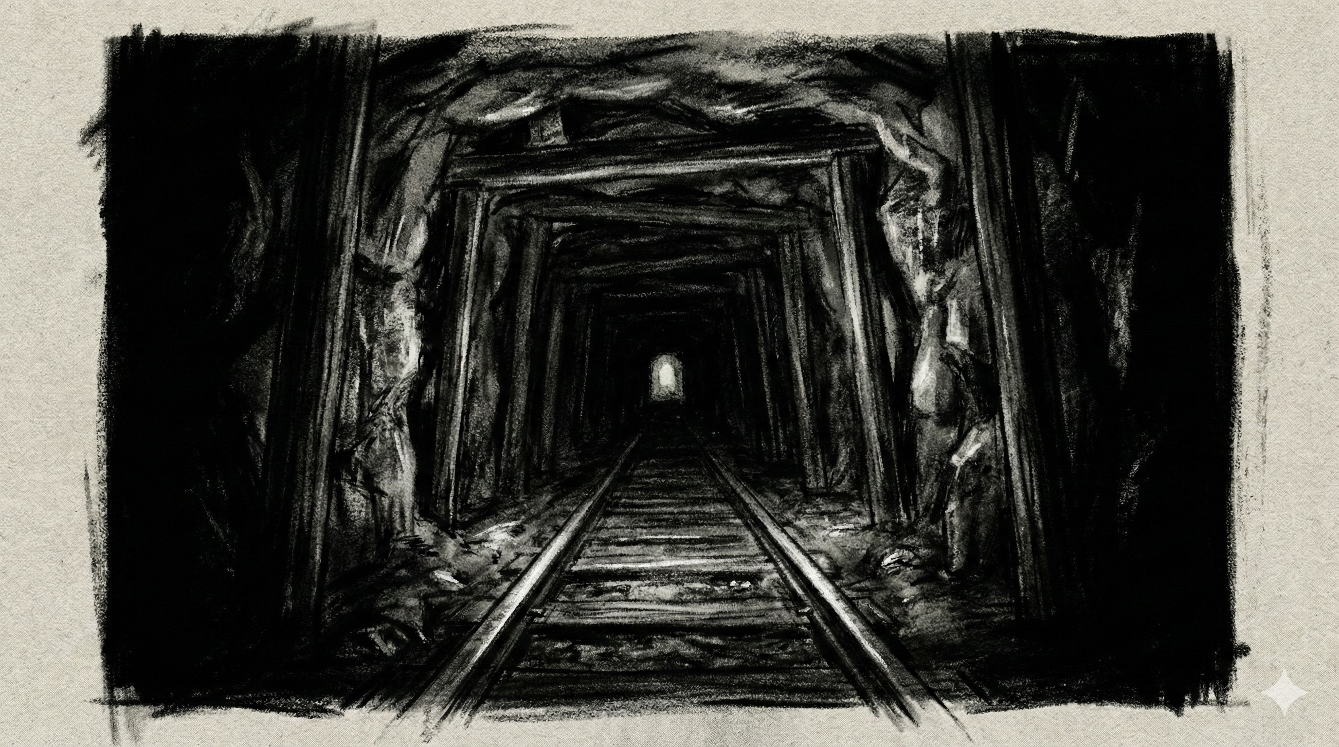 Panel 001: Darkness and Distant Light — near-complete darkness with a single point of warm light glowing in the distance