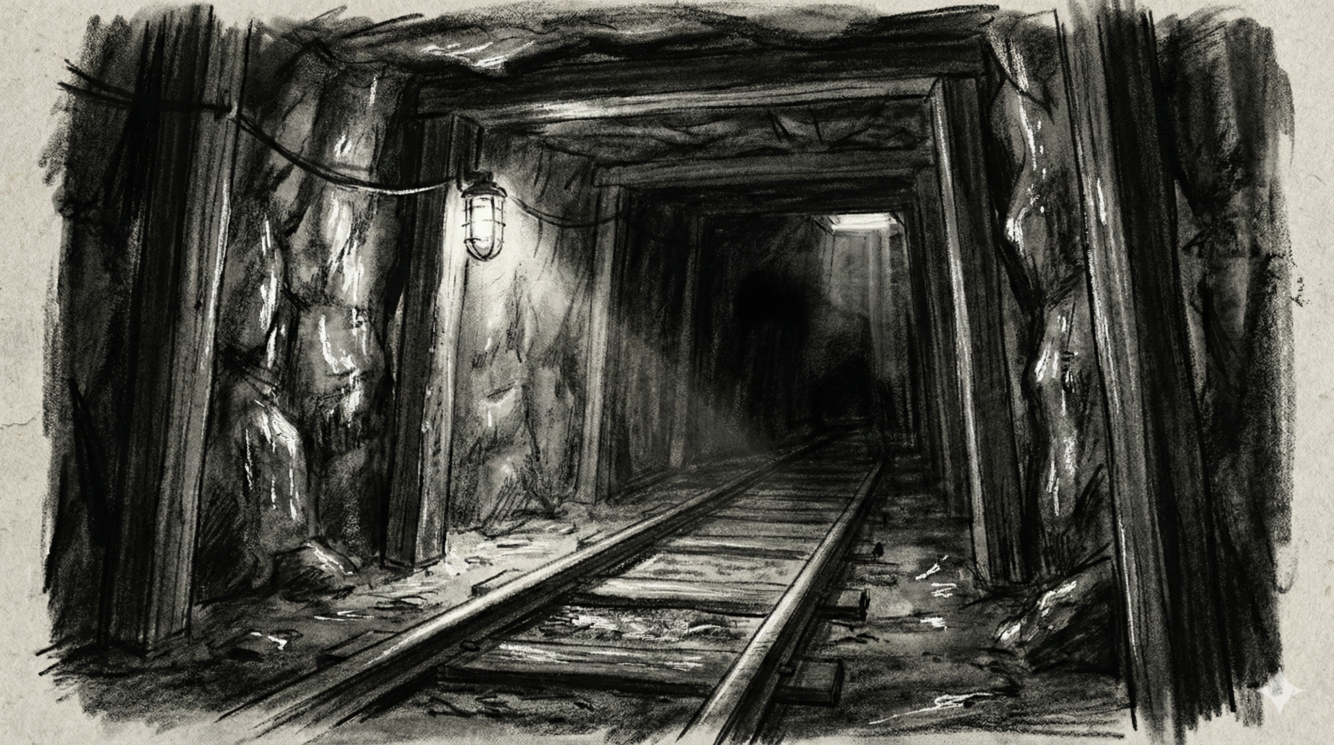 Panel 002: Following the Tracks — mine cart rails leading toward distant light in the underground tunnel