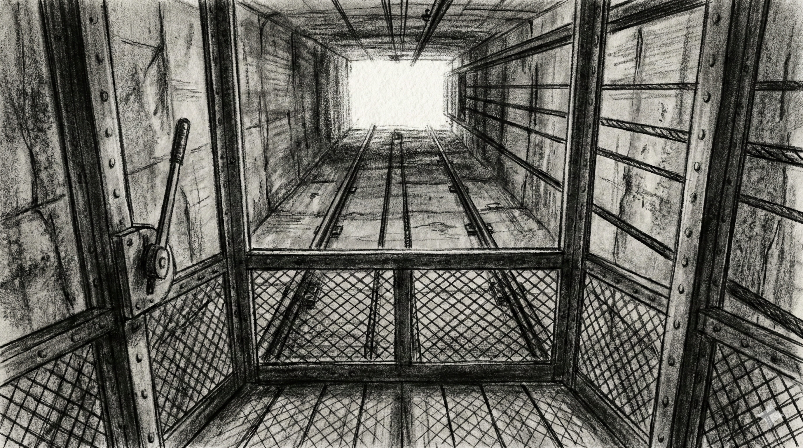 Panel 003: The Lift Cage — industrial mine elevator cage ascending toward blinding daylight above