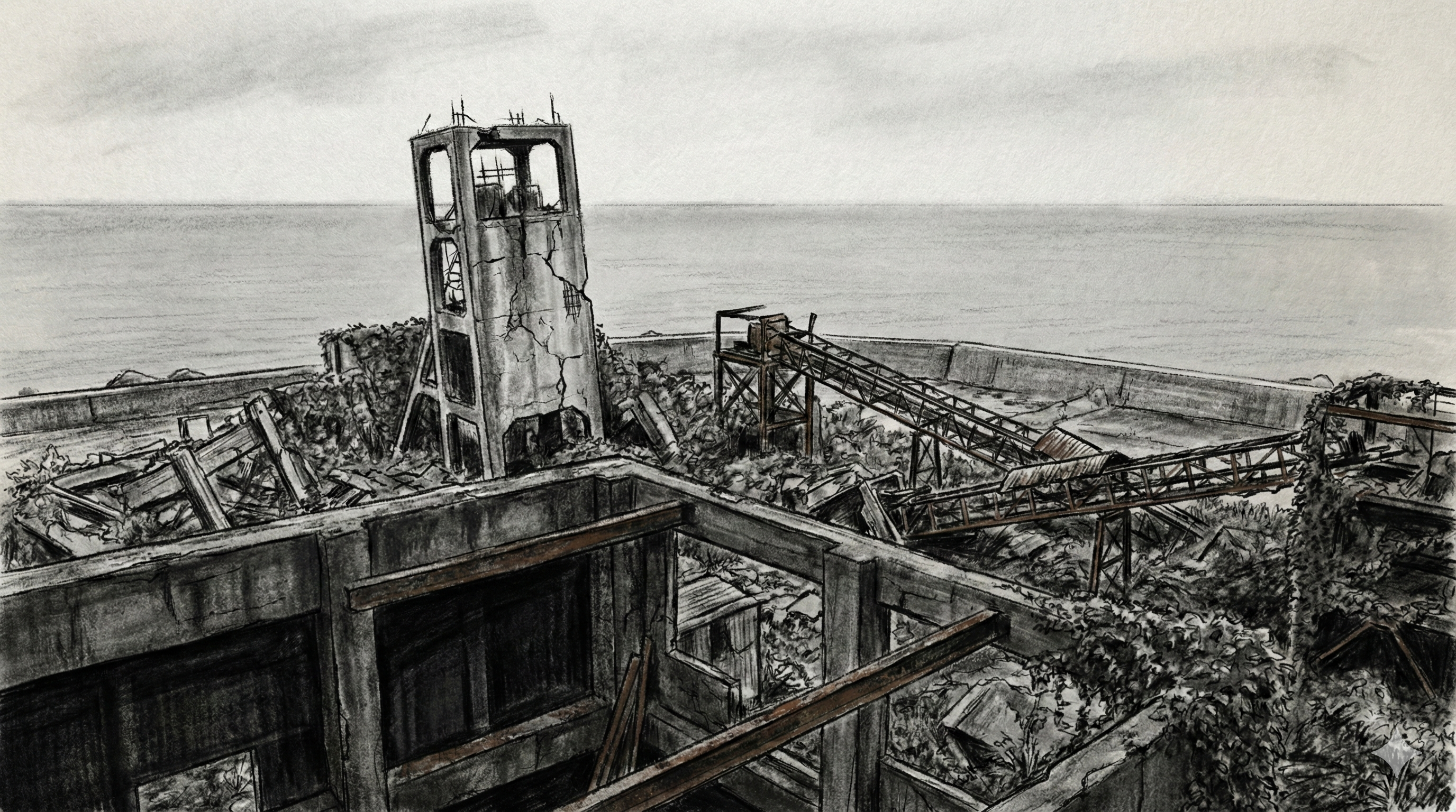 Panel 004: Surface Emergence — first glimpse of Hashima's ruined concrete buildings from the mine pithead