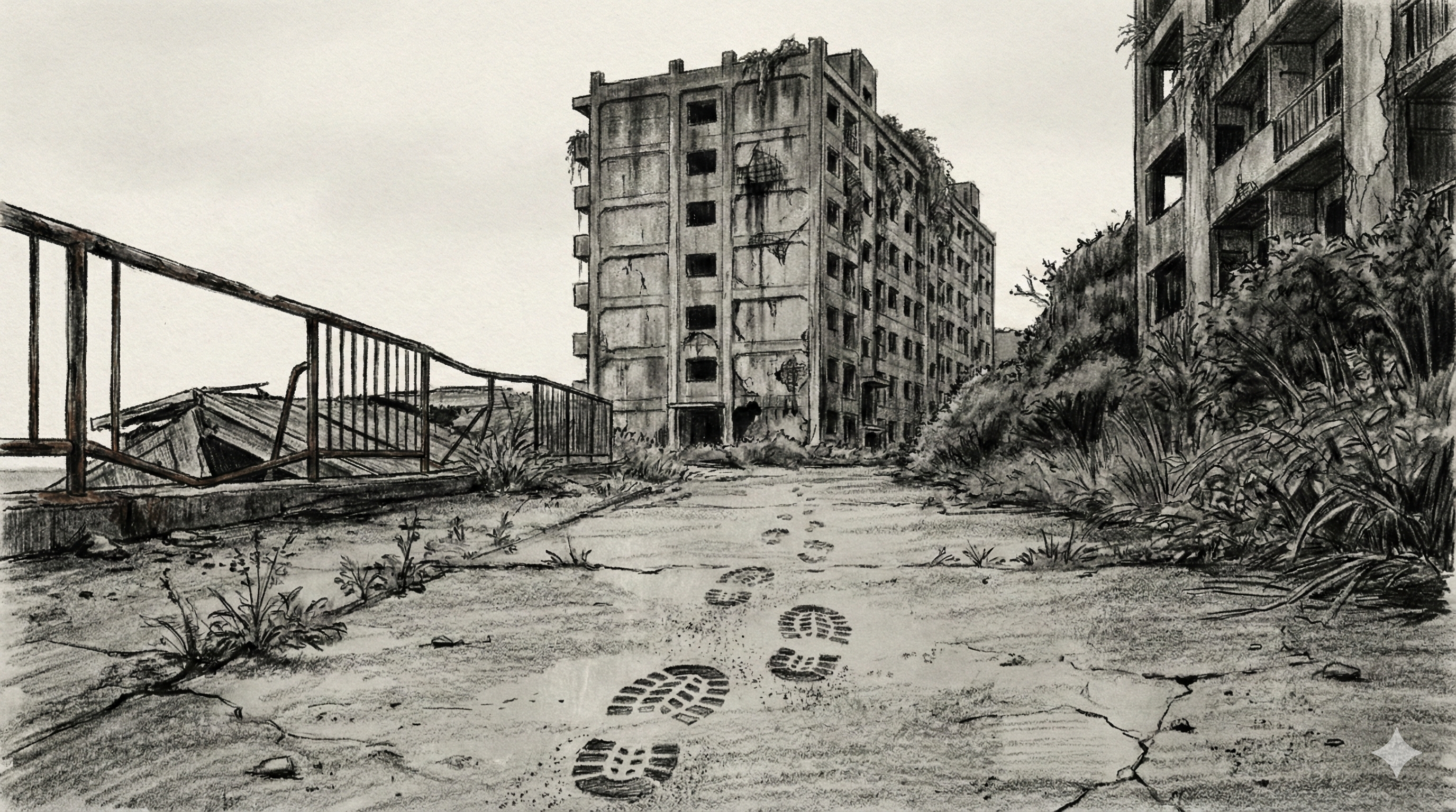 Panel 005: Bootprints Discovery — dusty ground with distinct bootprints leading toward ruined buildings