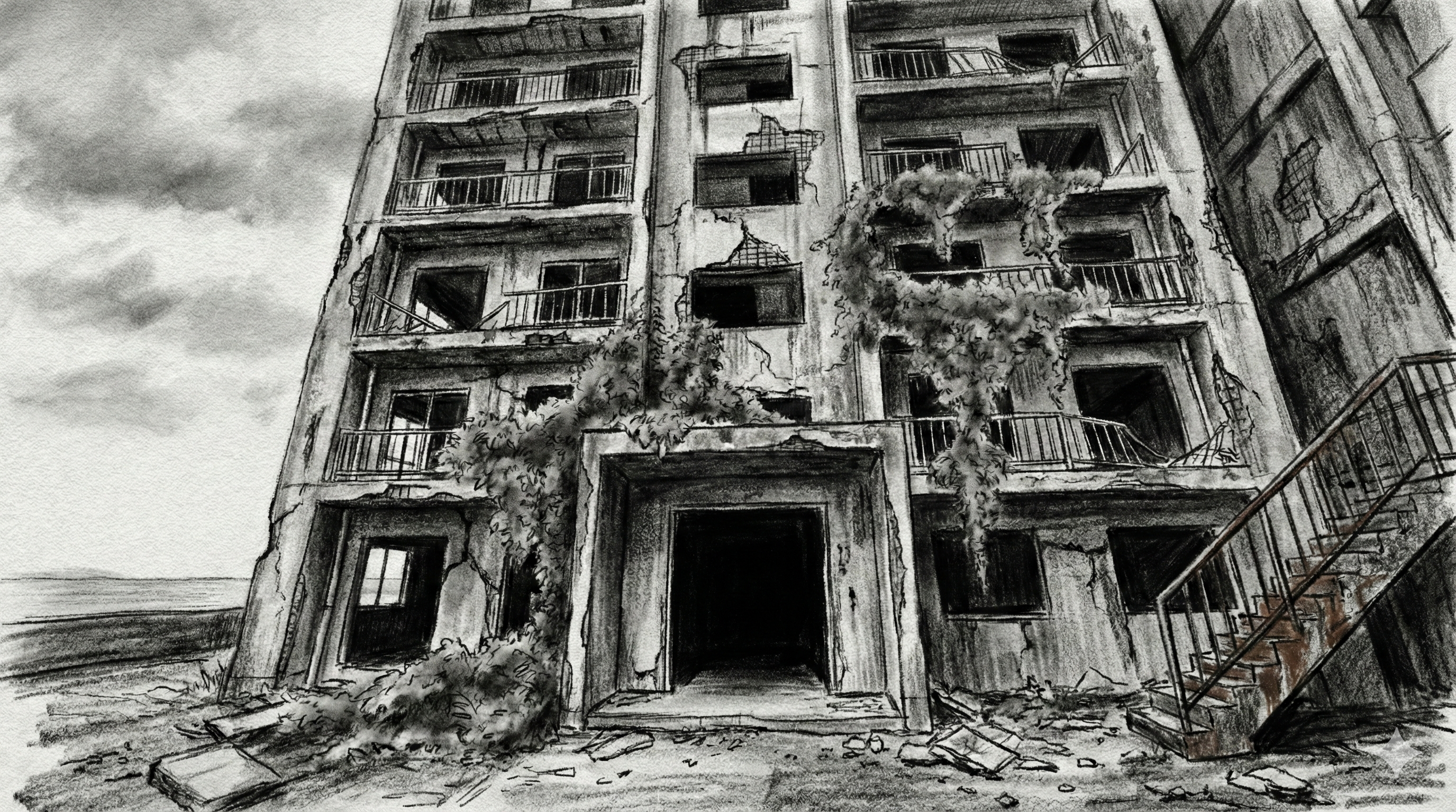 Panel 006: Approaching Building 30 — the massive reinforced concrete apartment block looming ahead through overgrown ruins