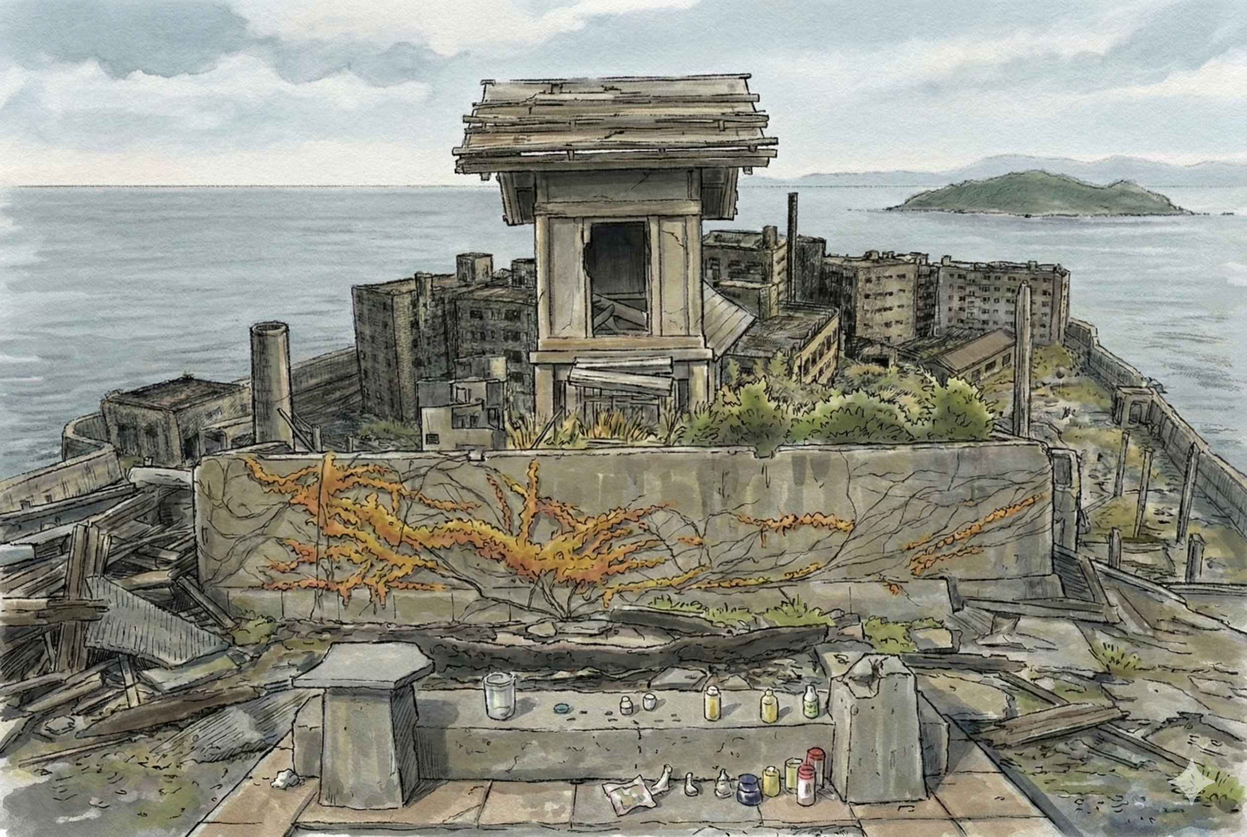 Panel 012: The Mikoshi Choice — first-person view from the shrine platform overlooking the entire ruined island with the mikoshi in the foreground