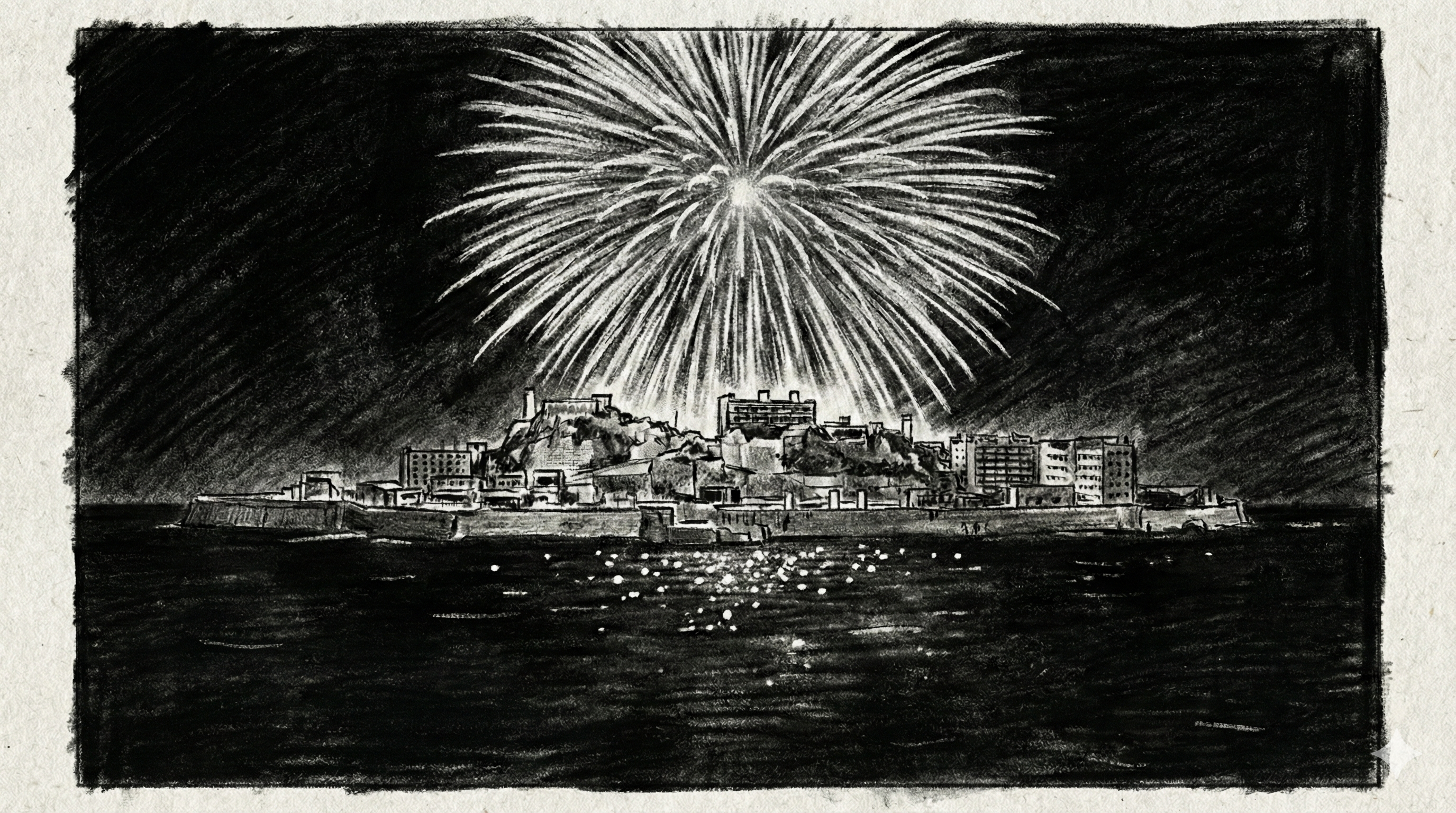 Panel 014: Fireworks — brilliant fireworks exploding in gold, red, and white above the island silhouette at night