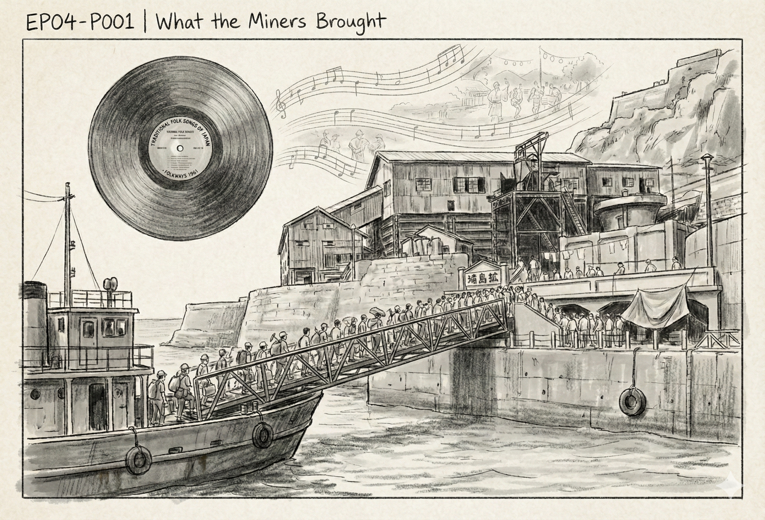 Charcoal sketch: miners arriving at Hashima with their regional folk traditions