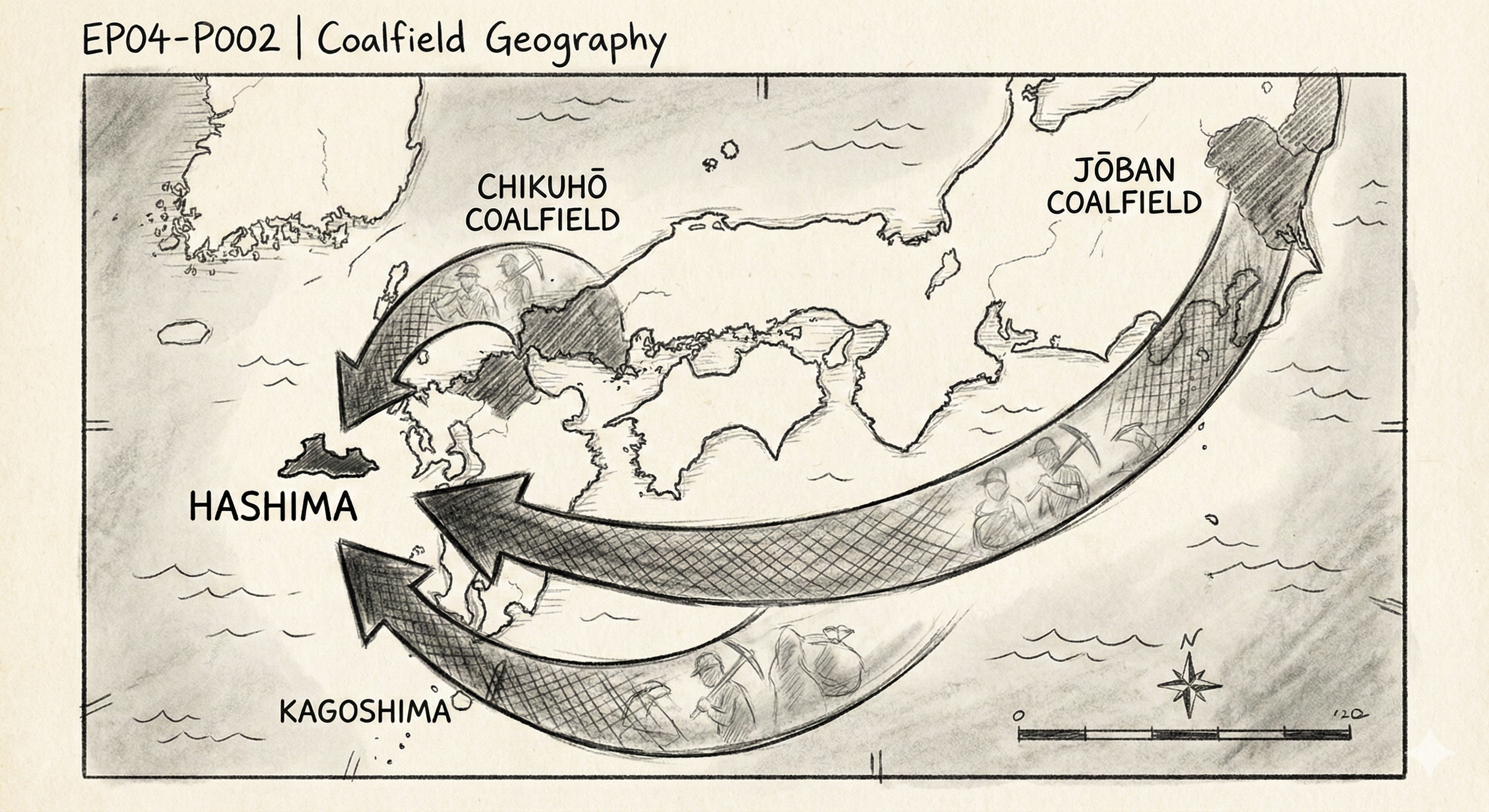 Charcoal sketch: map of Japan's coalfield regions with migration routes to Hashima