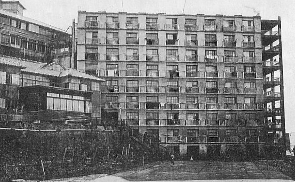 A Hashima apartment building circa 1930. Building 30, constructed 1916, was among the first reinforced concrete high-rise residential buildings in Japan.